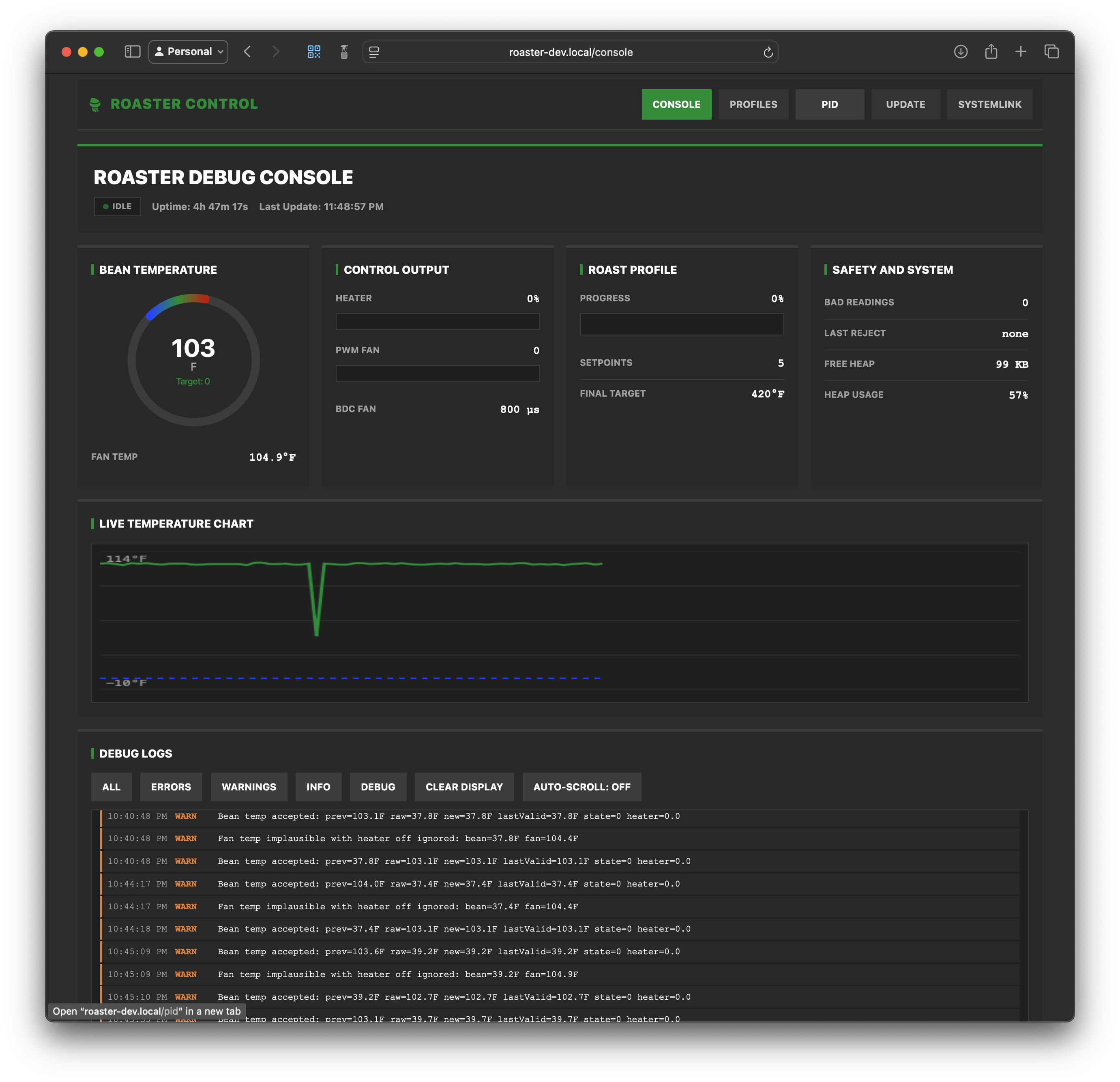 Roaster debug console